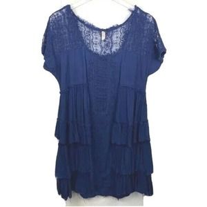 Free People Women's Medium Blue Sunbeam Tiered Raw Hem Mini Short Casual Dess